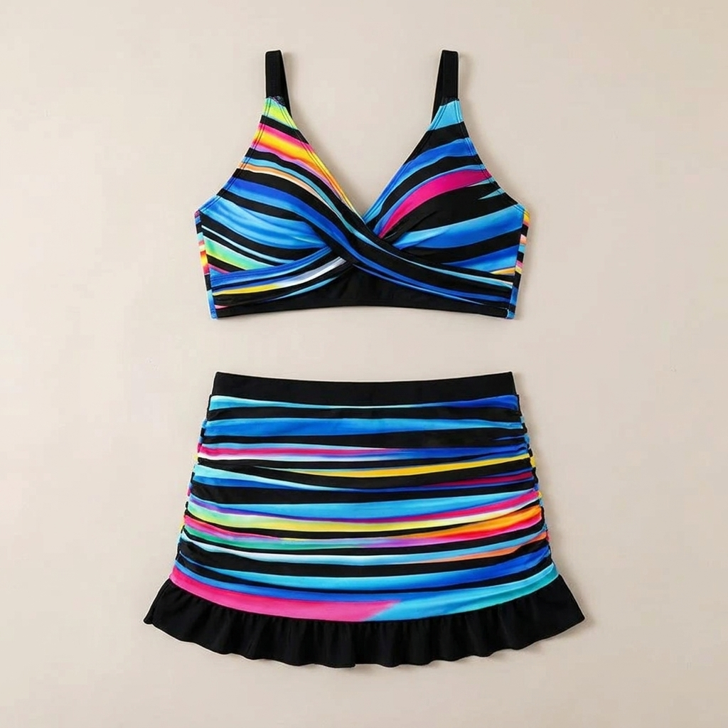 SerenaWave™ – Twist-Front Striped Swim Skirt Set with Tummy Control