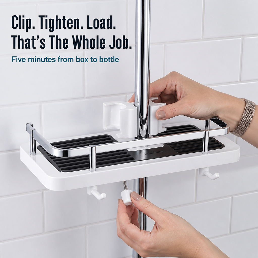 AquaNest™ — Clip One Adjustable Tray Onto Your Shower Pipe, No Drilling