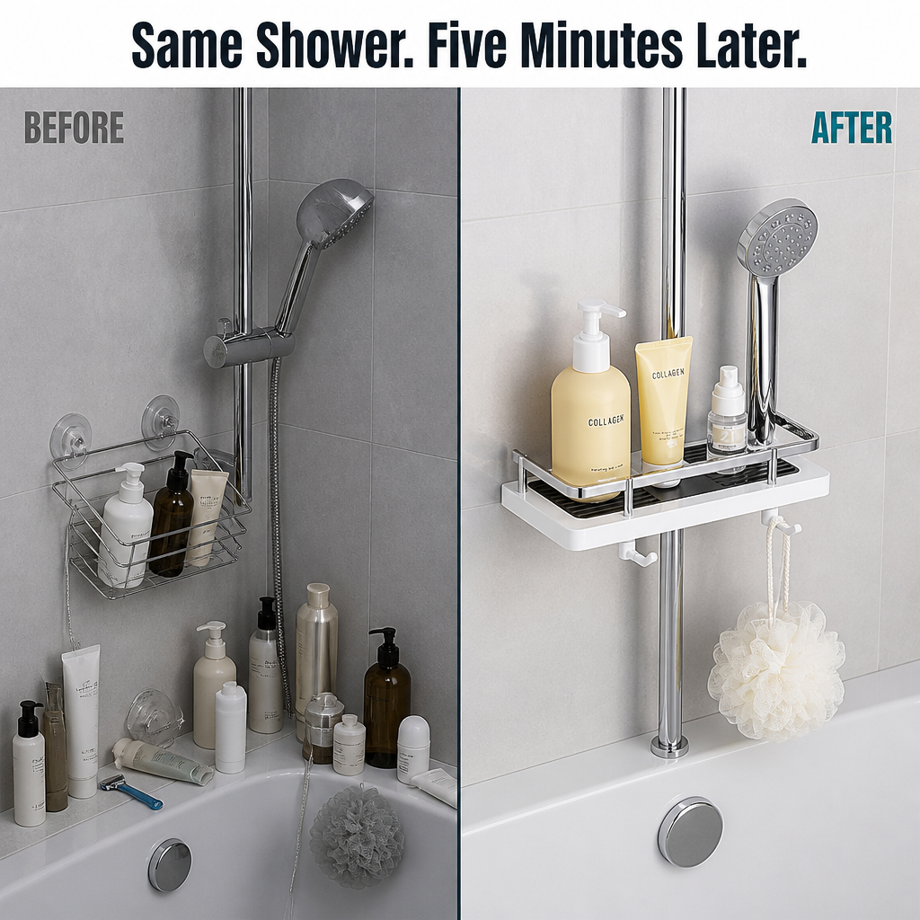 AquaNest™ — Clip One Adjustable Tray Onto Your Shower Pipe, No Drilling