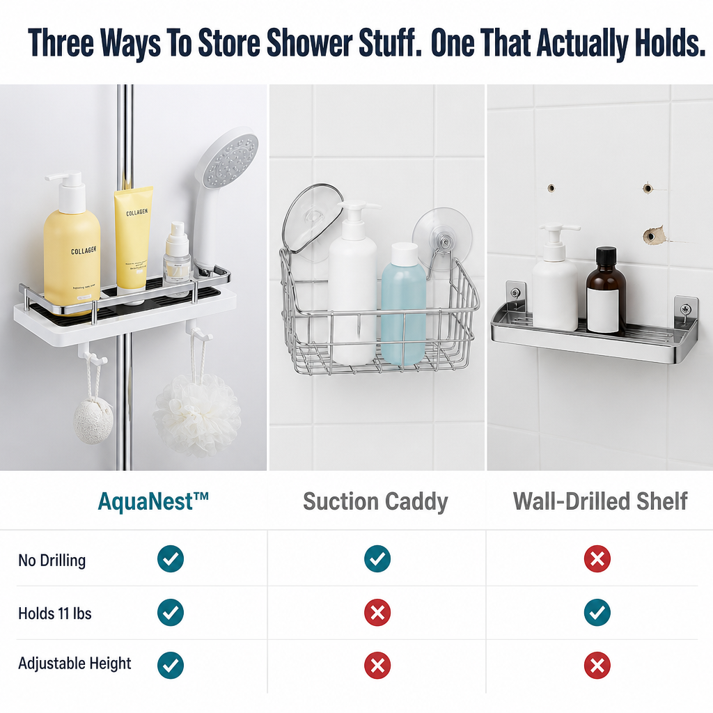 AquaNest™ — Clip One Adjustable Tray Onto Your Shower Pipe, No Drilling
