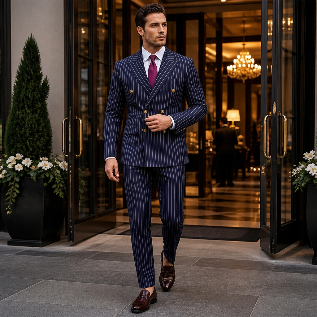 Voltura™ – Pinstripe Double-Breasted Suit with Peaked Lapels