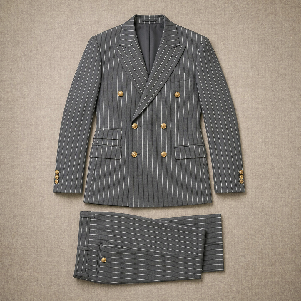 Voltura™ – Pinstripe Double-Breasted Suit with Peaked Lapels