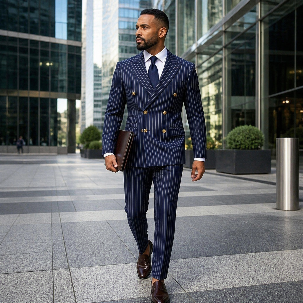 Voltura™ – Pinstripe Double-Breasted Suit with Peaked Lapels