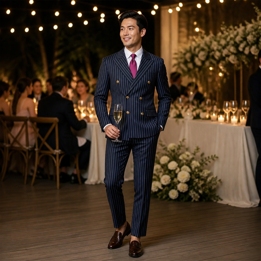 Voltura™ – Pinstripe Double-Breasted Suit with Peaked Lapels