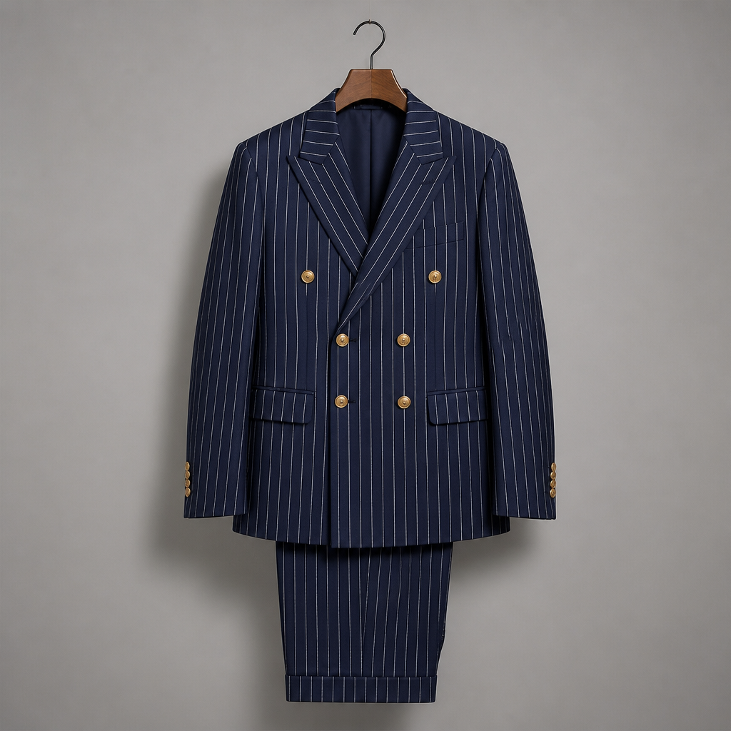 Voltura™ – Pinstripe Double-Breasted Suit with Peaked Lapels