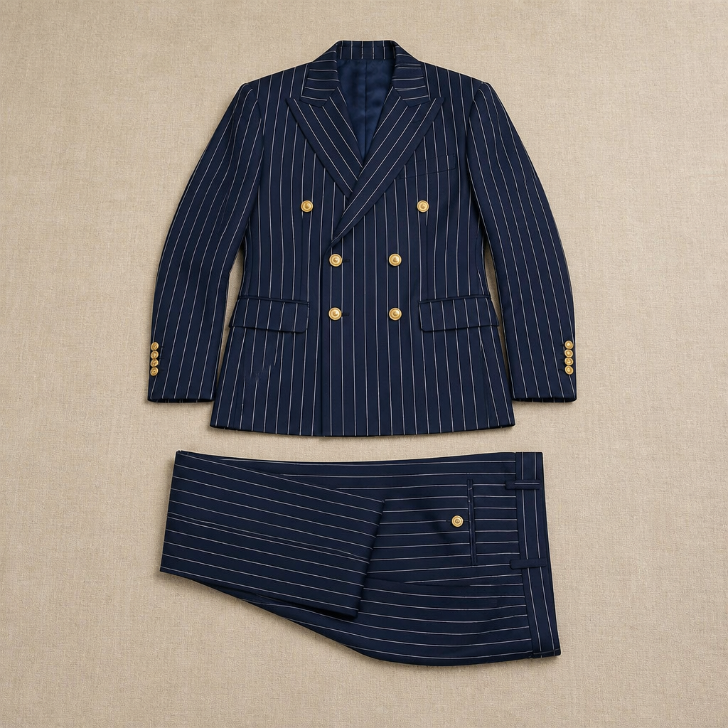 Voltura™ – Pinstripe Double-Breasted Suit with Peaked Lapels