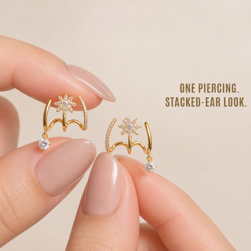 LumaVive™ – Sparkling Starburst Cuff Earrings with Multi-Piercing Illusion