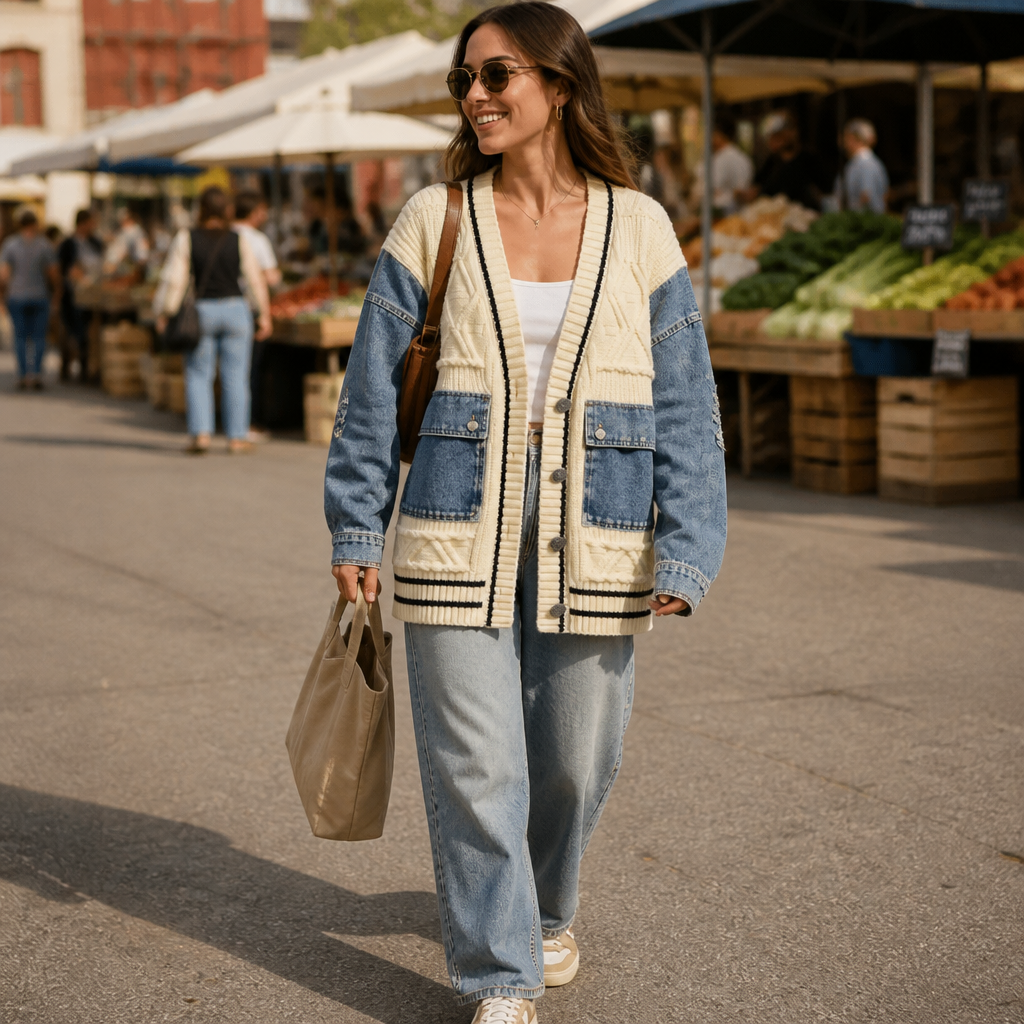 Vintora™ – Oversized Cable Knit Cardigan with Denim Patchwork Sleeves