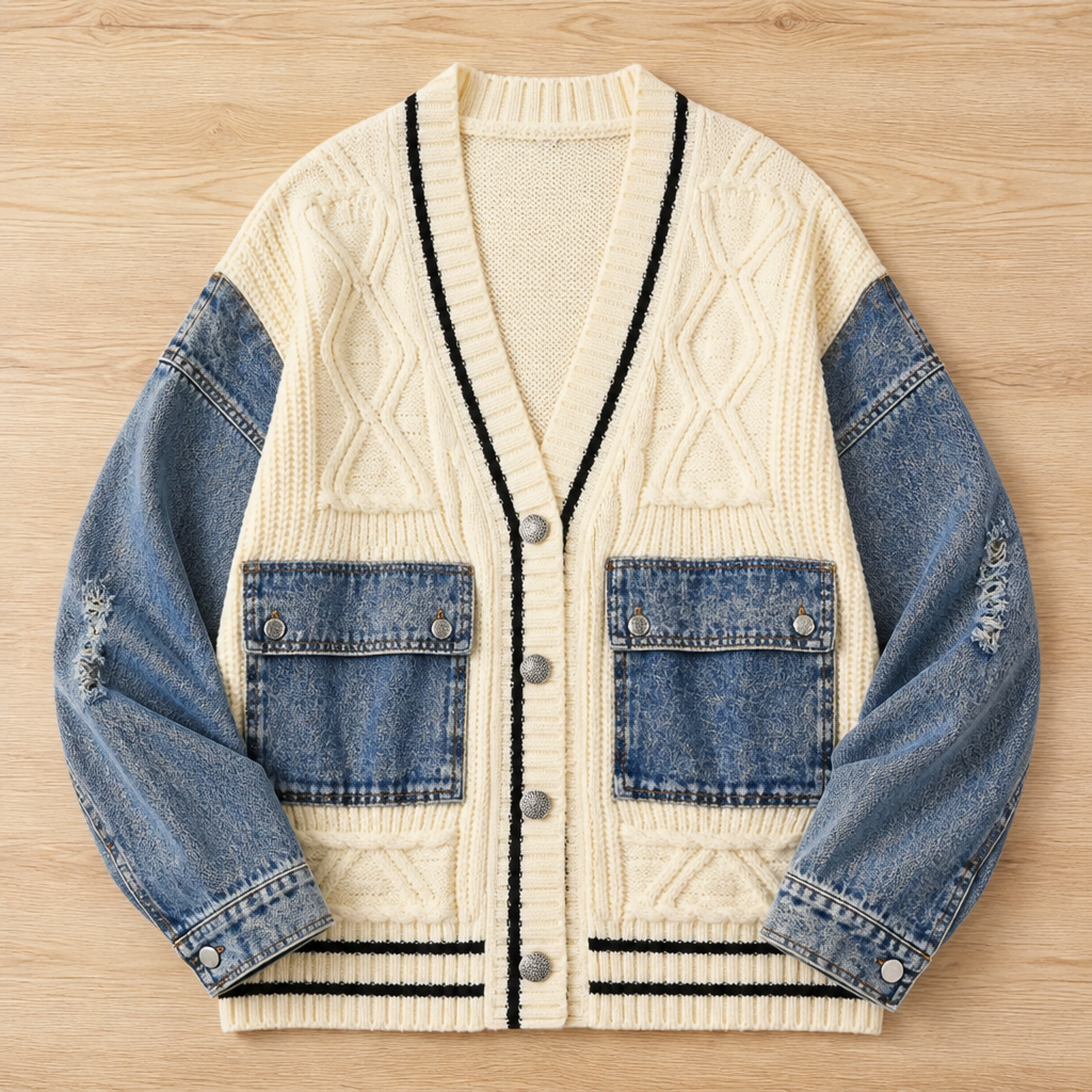 Vintora™ – Oversized Cable Knit Cardigan with Denim Patchwork Sleeves