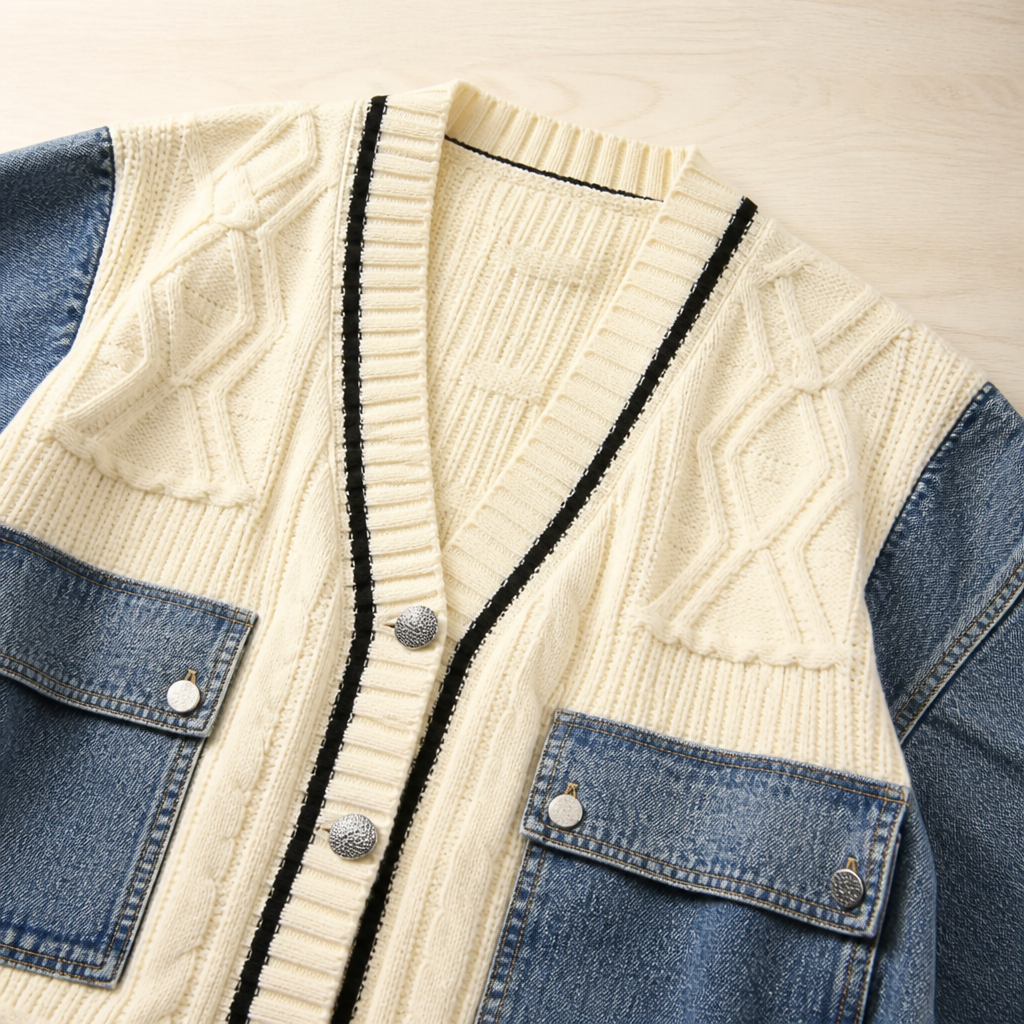 Vintora™ – Oversized Cable Knit Cardigan with Denim Patchwork Sleeves