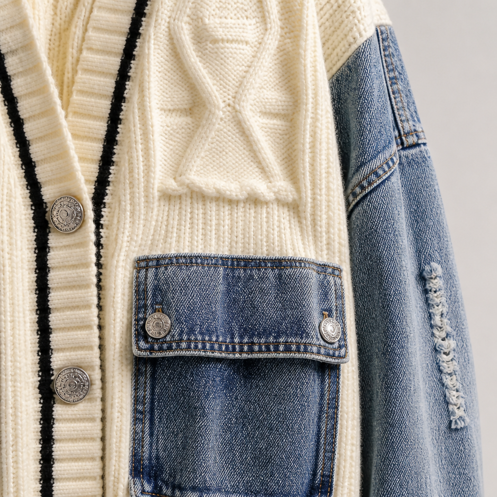 Vintora™ – Oversized Cable Knit Cardigan with Denim Patchwork Sleeves
