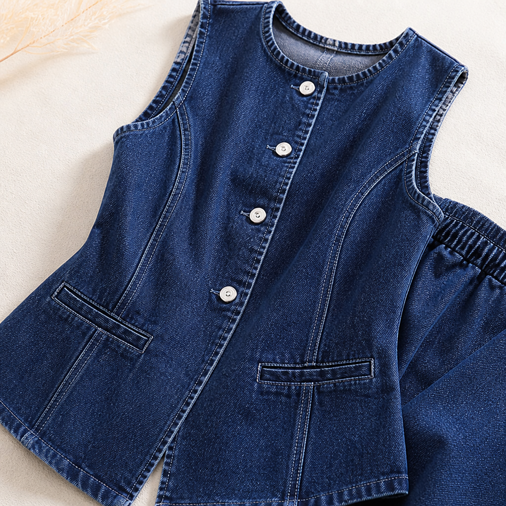 MarzaBelle™ – Tailored Sleeveless Denim Top and Shorts Co-Ord Set