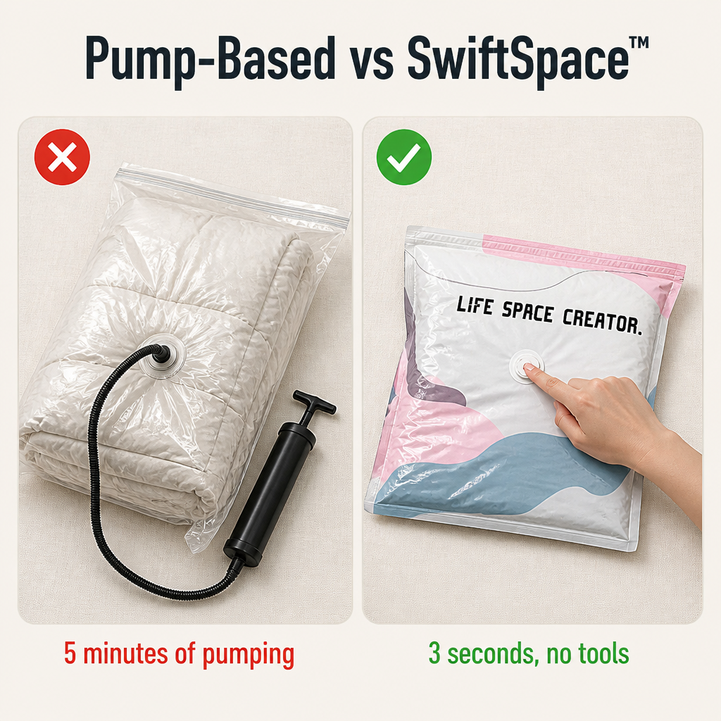 SwiftSpace™ — Compress Comforters, Coats & Bedding to a Fifth Their Size, Pump-Free