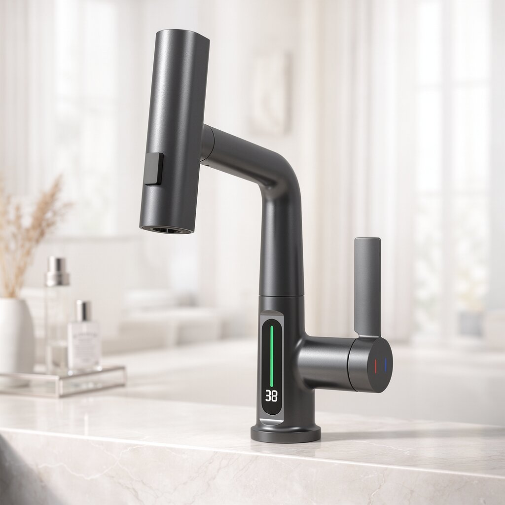 Retractable Kitchen Faucet with LED Light and 5 Spray Options