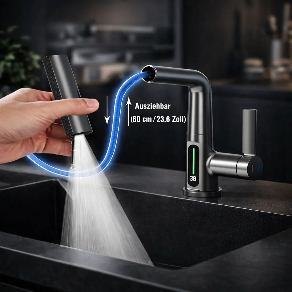 Retractable Kitchen Faucet with LED Light and 5 Spray Options