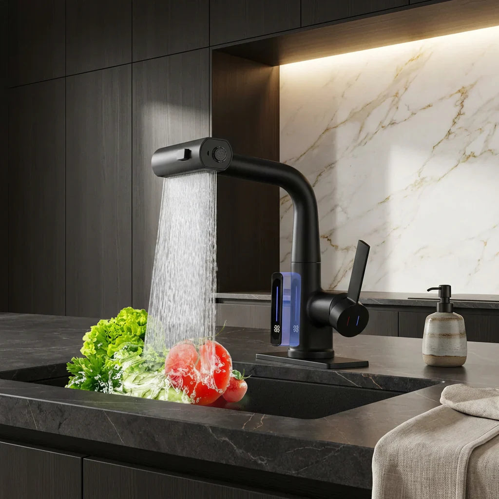 Retractable Kitchen Faucet with LED Light and 5 Spray Options