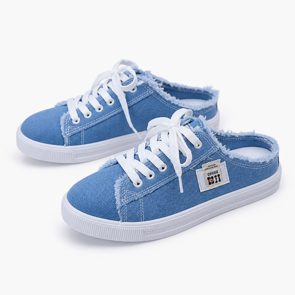 StridePulse™ – Casual Frayed Edge Denim Mule Sneakers