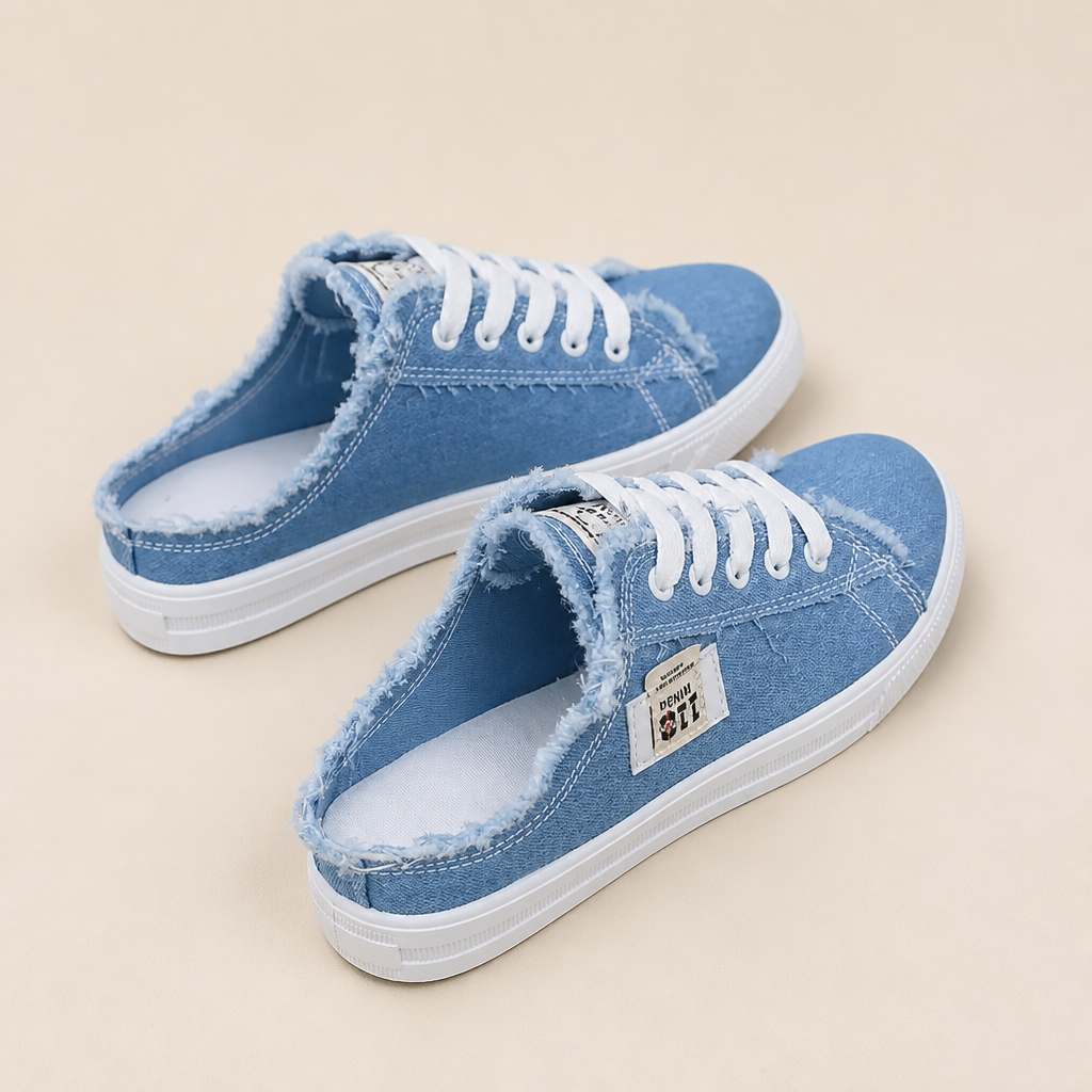 StridePulse™ – Casual Frayed Edge Denim Mule Sneakers