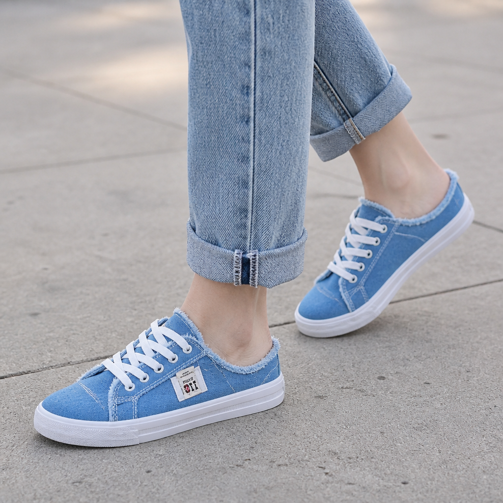 StridePulse™ – Casual Frayed Edge Denim Mule Sneakers