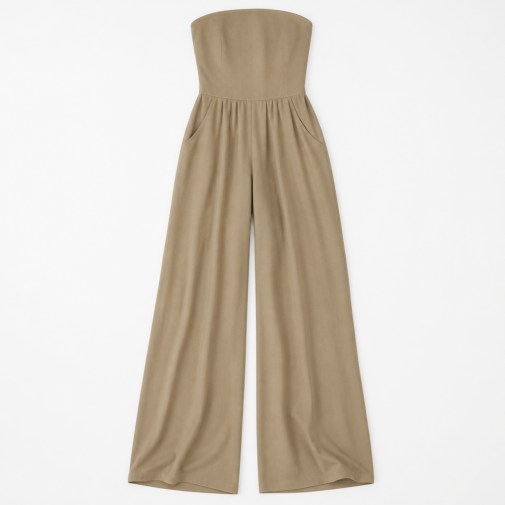 Solenne™ – Elegant Strapless Wide-Leg Jumpsuit with Smocked Back