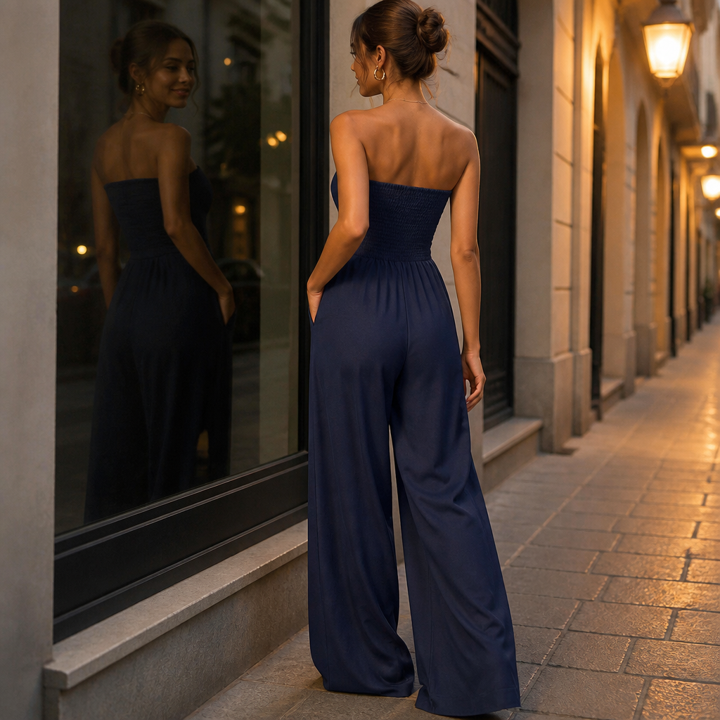 Solenne™ – Elegant Strapless Wide-Leg Jumpsuit with Smocked Back