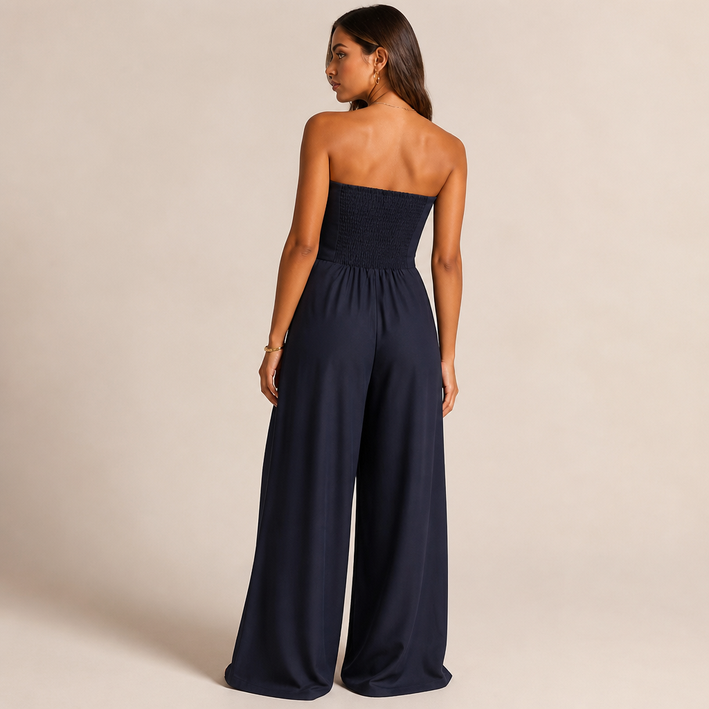 Solenne™ – Elegant Strapless Wide-Leg Jumpsuit with Smocked Back