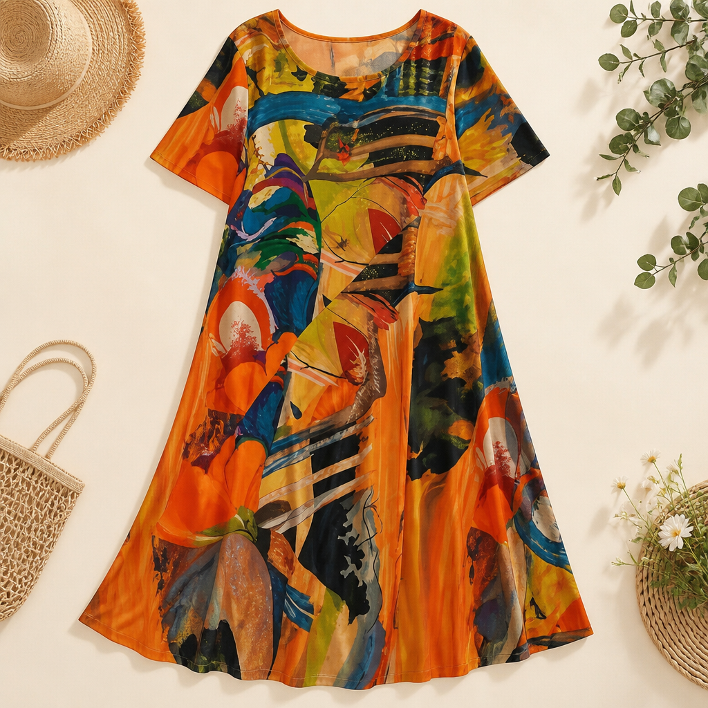 ZephyraWave™ – Flowy Bohemian Abstract Print Summer Dress