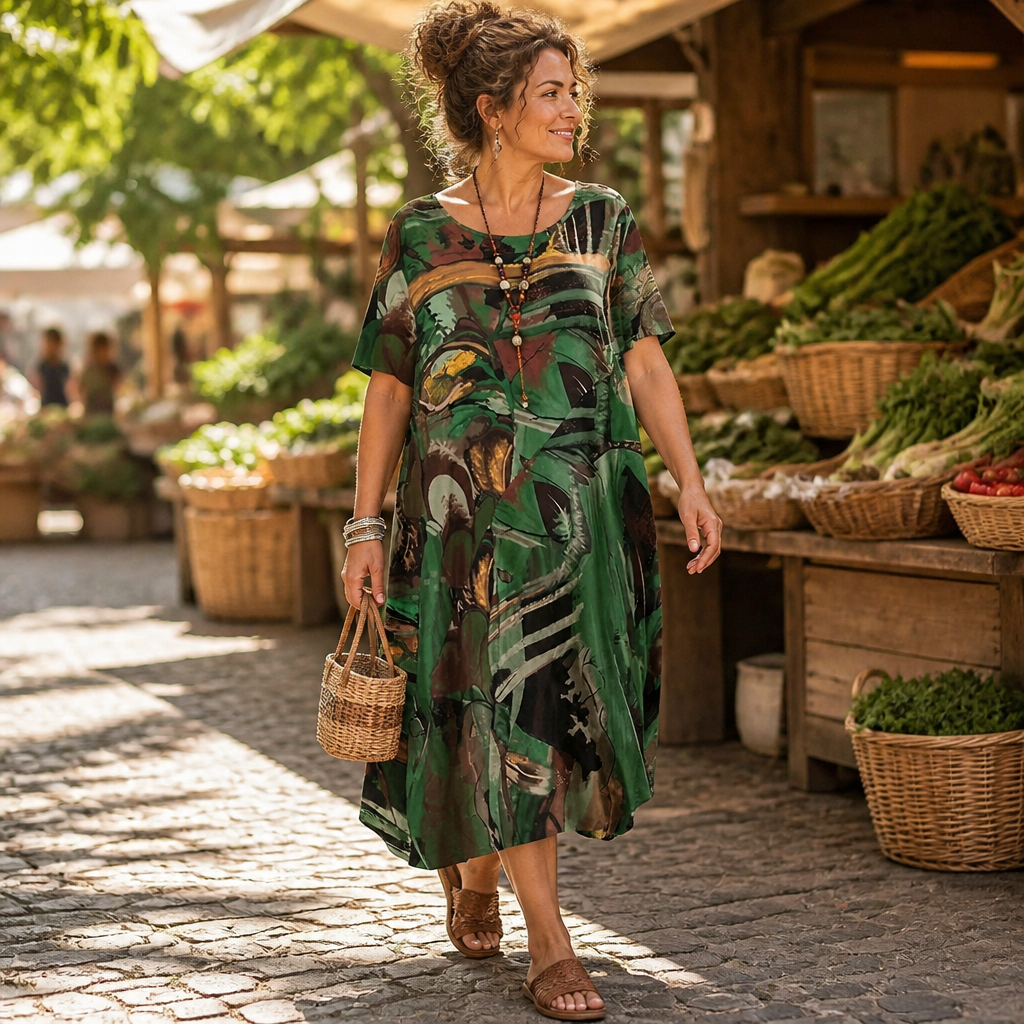 ZephyraWave™ – Flowy Bohemian Abstract Print Summer Dress