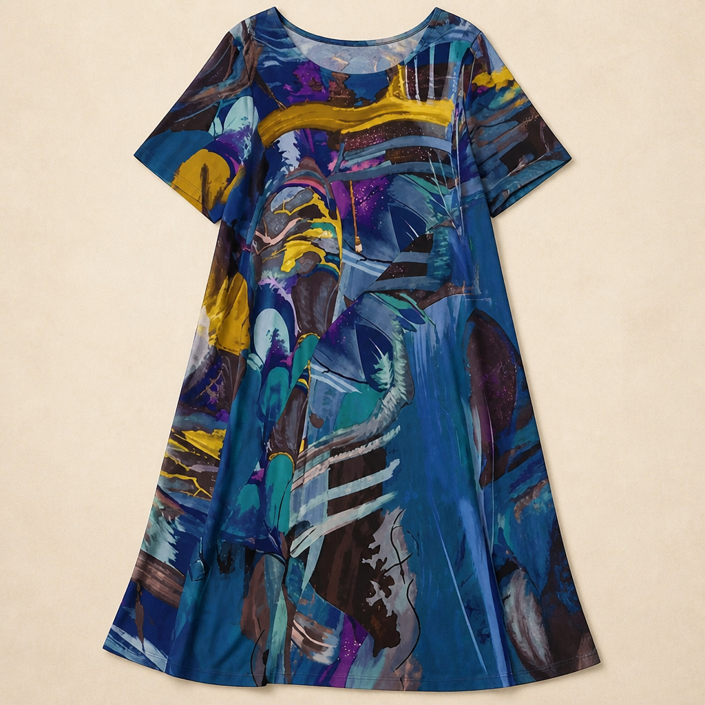 ZephyraWave™ – Flowy Bohemian Abstract Print Summer Dress