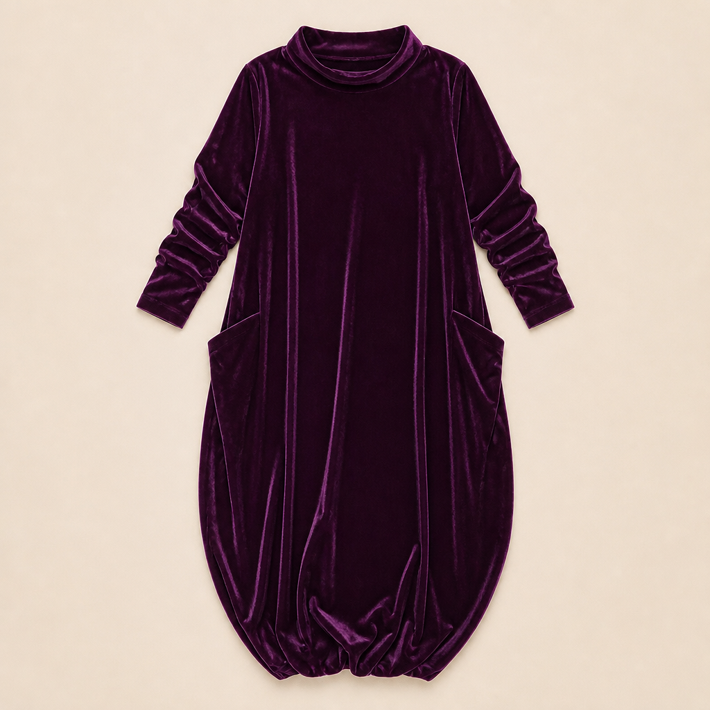 VioraForm™ – Velvet Mock-Neck Cocoon Maxi Dress with Side Pockets