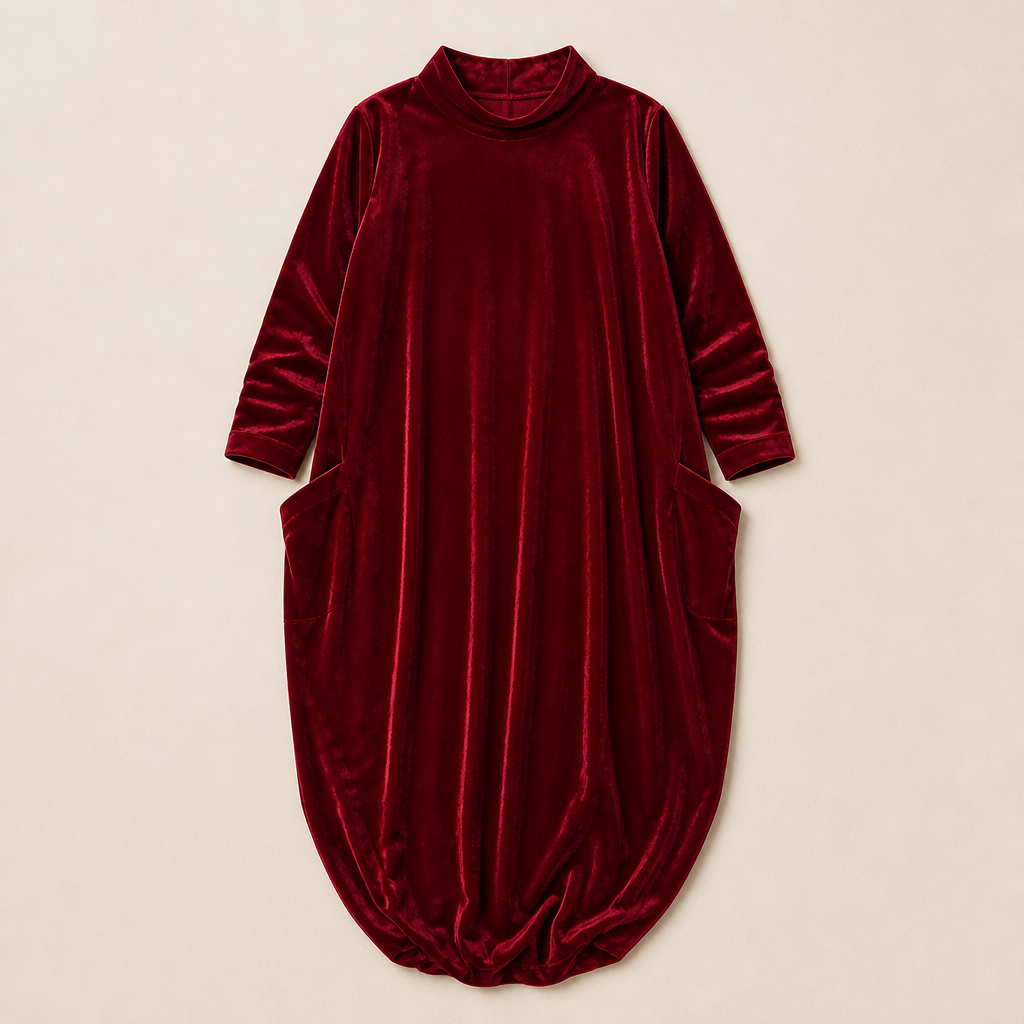 VioraForm™ – Velvet Mock-Neck Cocoon Maxi Dress with Side Pockets