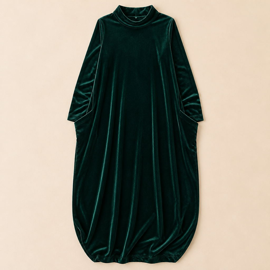 VioraForm™ – Velvet Mock-Neck Cocoon Maxi Dress with Side Pockets