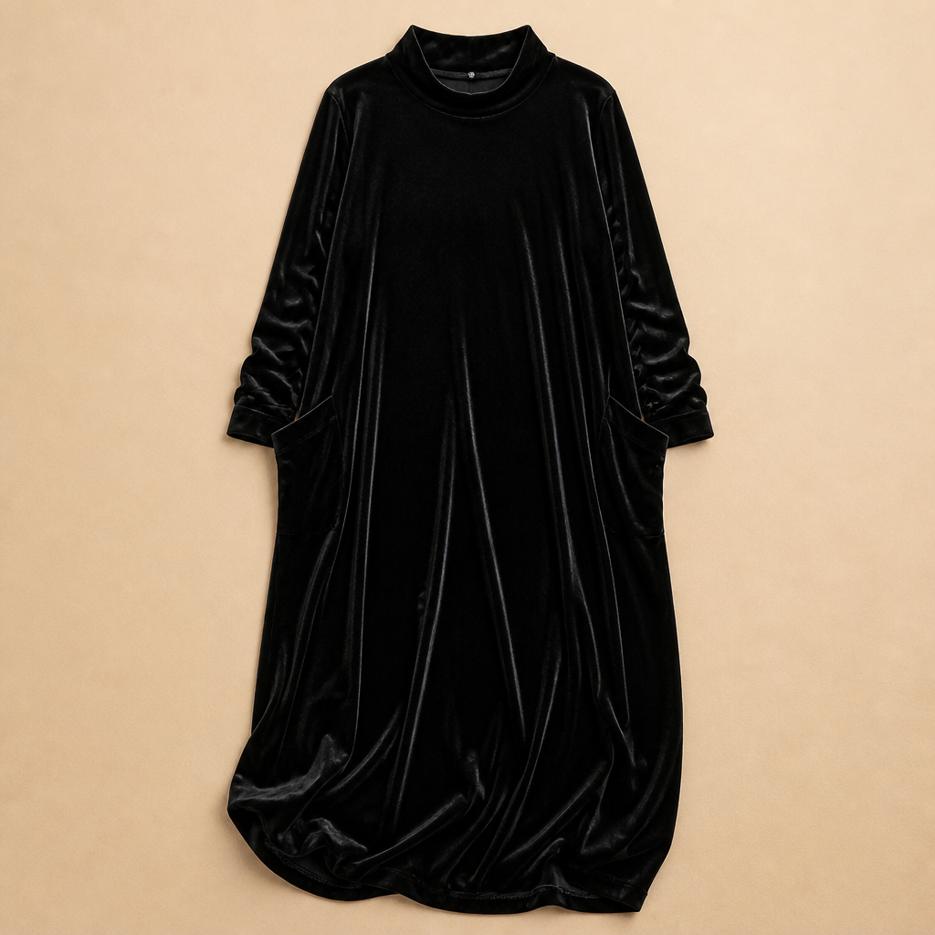 VioraForm™ – Velvet Mock-Neck Cocoon Maxi Dress with Side Pockets