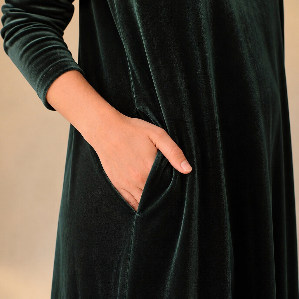 VioraForm™ – Velvet Mock-Neck Cocoon Maxi Dress with Side Pockets