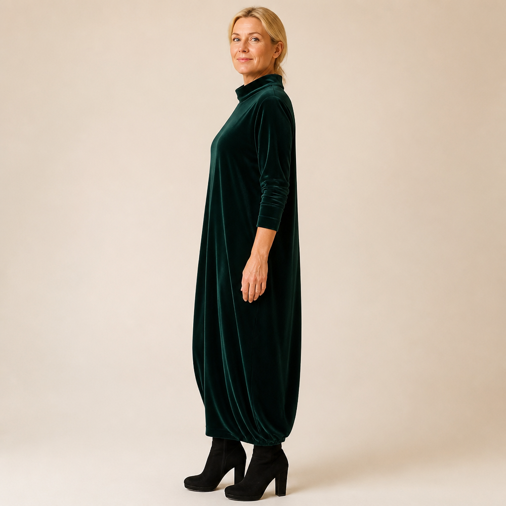 VioraForm™ – Velvet Mock-Neck Cocoon Maxi Dress with Side Pockets