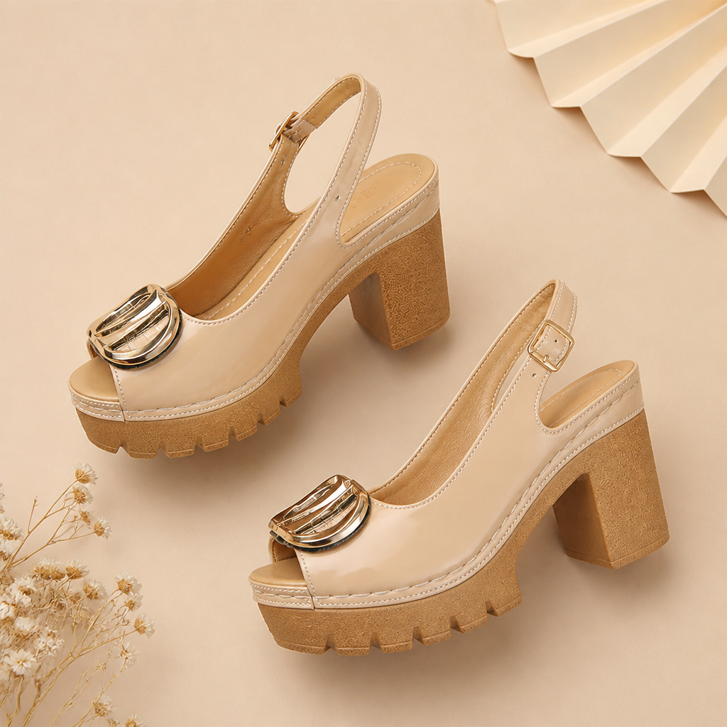 VivaStride™ – Patent Peep-Toe Block Heel Sandals with Statement Gold Buckle