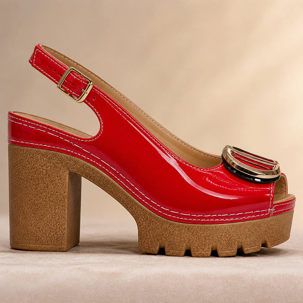 VivaStride™ – Patent Peep-Toe Block Heel Sandals with Statement Gold Buckle