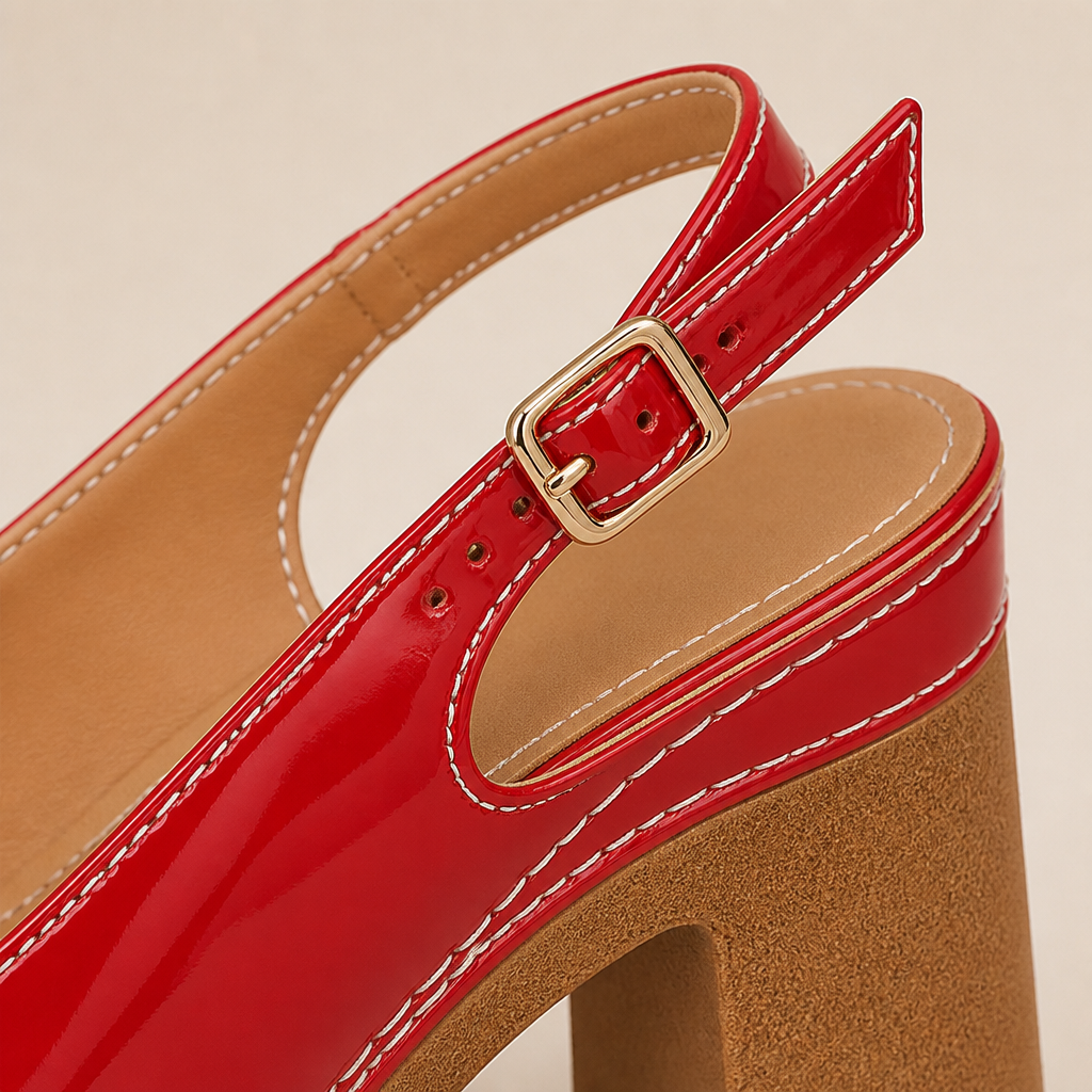 VivaStride™ – Patent Peep-Toe Block Heel Sandals with Statement Gold Buckle